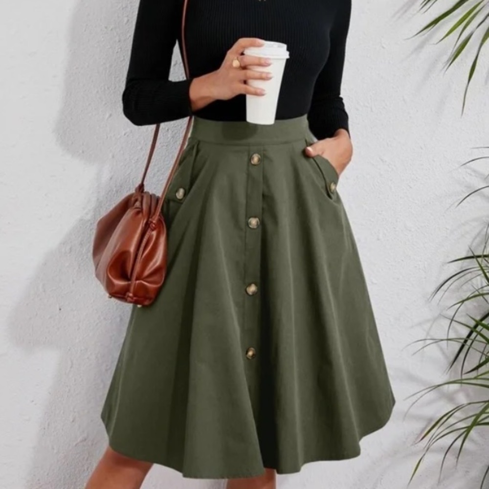 Classic Burnt Orange  Button Detail Pocket Midi Skirt Work - Picture 10 of 16